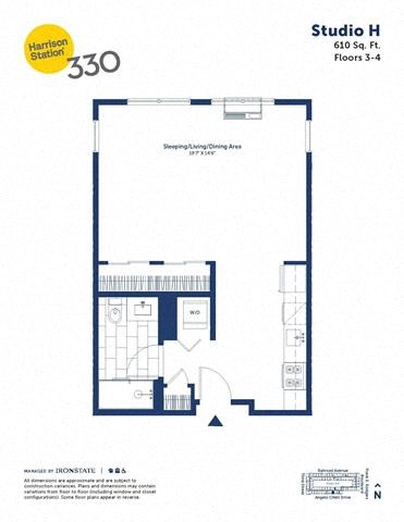 Floor plan for studio, 1 bath, 610 sqft