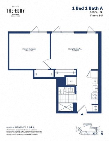 Floor plan for 1 bed, 1 bath, 668 sqft
