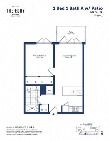 Floor plan for 1 bed, 1 bath, 672 sqft