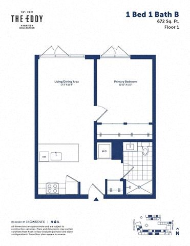 Floor plan for 1 bed, 1 bath, 672 sqft