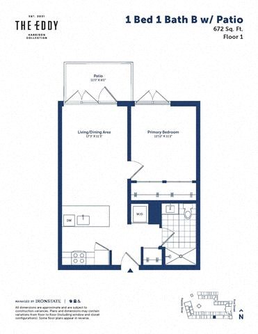 Floor plan for 1 bed, 1 bath, 672 sqft