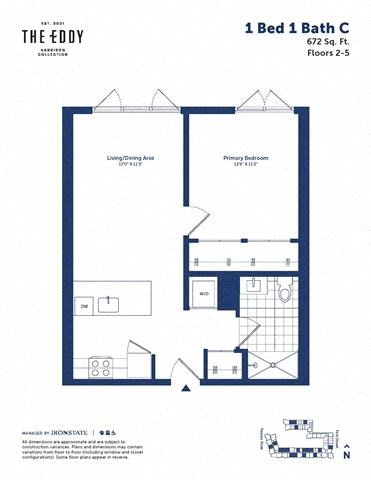 Floor plan for 1 bed, 1 bath, 672 sqft