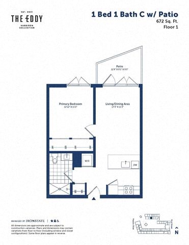 Floor plan for 1 bed, 1 bath, 672 sqft