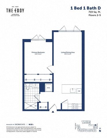 Floor plan for 1 bed, 1 bath, 719 sqft