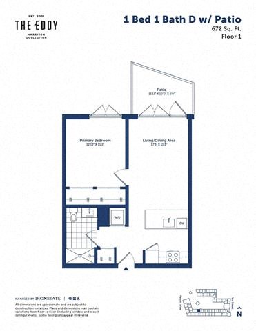 Floor plan for 1 bed, 1 bath, 672 sqft
