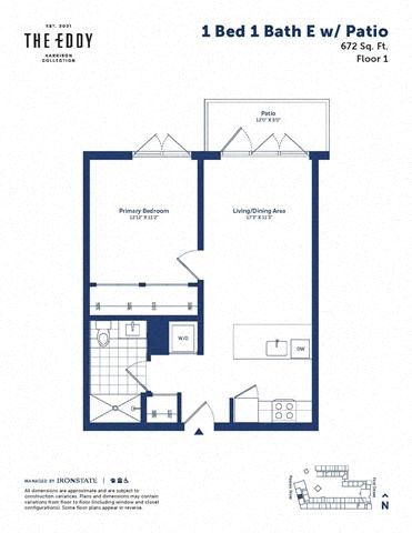 Floor plan for 1 bed, 1 bath, 672 sqft