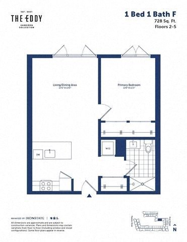Floor plan for 1 bed, 1 bath, 728 sqft