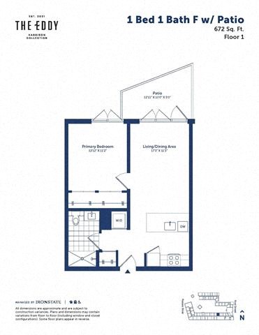 Floor plan for 1 bed, 1 bath, 672 sqft