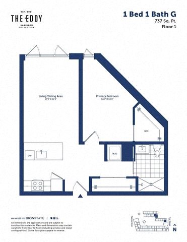 Floor plan for 1 bed, 1 bath, 737 sqft