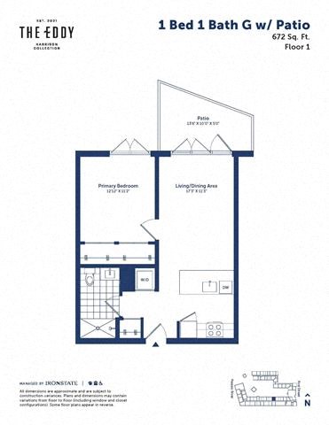 Floor plan for 1 bed, 1 bath, 672 sqft