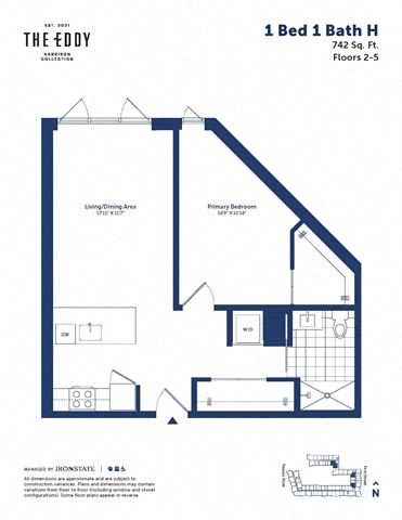 Floor plan for 1 bed, 1 bath, 742 sqft