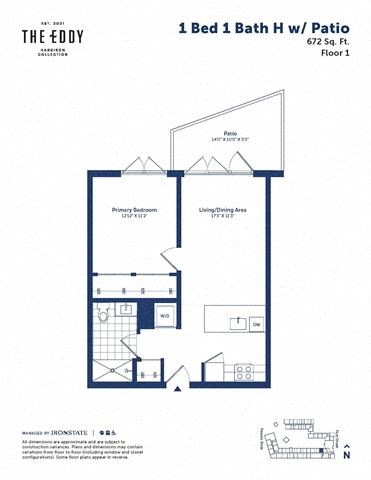 Floor plan for 1 bed, 1 bath, 672 sqft