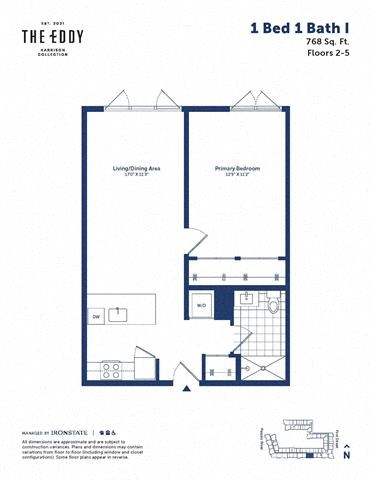 Floor plan for 1 bed, 1 bath, 768 sqft
