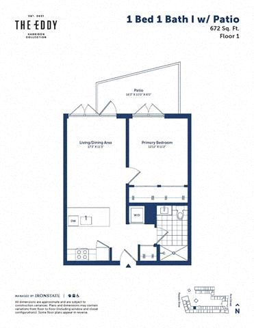 Floor plan for 1 bed, 1 bath, 672 sqft