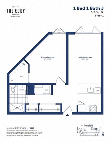 Floor plan for 1 bed, 1 bath, 818 sqft