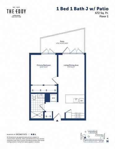 Floor plan for 1 bed, 1 bath, 672 sqft