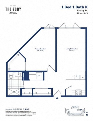 Floor plan for 1 bed, 1 bath, 818 sqft