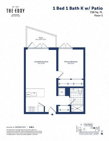 Floor plan for 1 bed, 1 bath, 728 sqft
