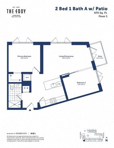 Floor plan for 2 beds, 1 bath, 970 sqft