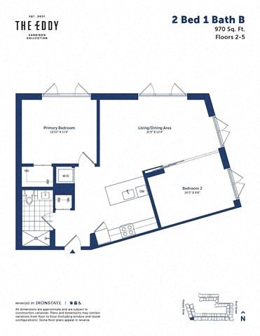 Floor plan for 2 beds, 1 bath, 970 sqft