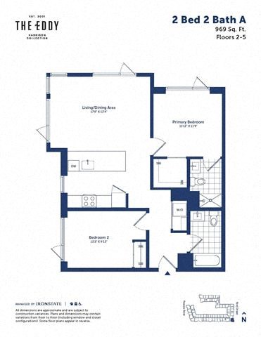 Floor plan for 2 beds, 2 baths, 969 sqft