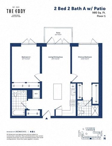 Floor plan for 2 beds, 2 baths, 980 sqft