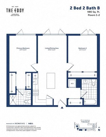 Floor plan for 2 beds, 2 baths, 980 sqft