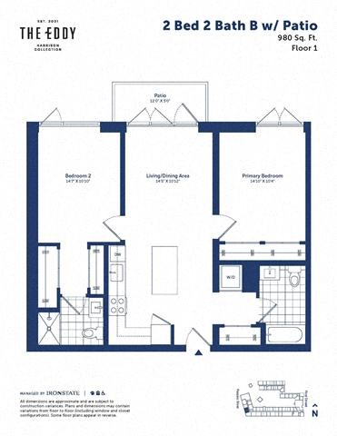 Floor plan for 2 beds, 2 baths, 980 sqft