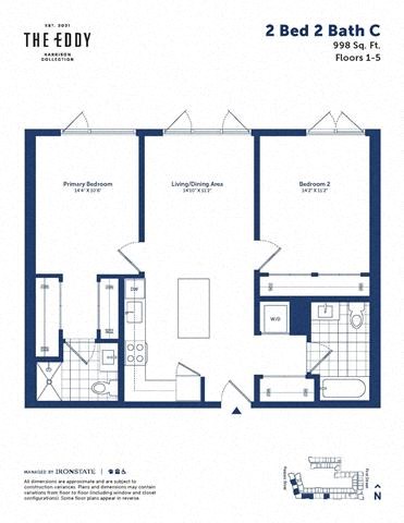 Floor plan for 2 beds, 2 baths, 980 sqft