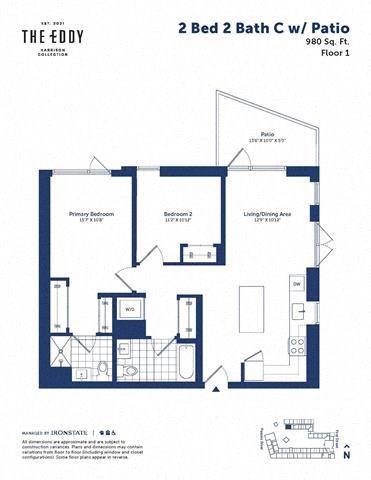 Floor plan for 2 beds, 2 baths, 980 sqft