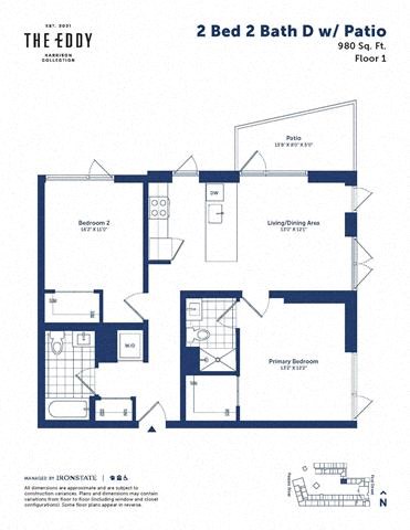 Floor plan for 2 beds, 2 baths, 980 sqft