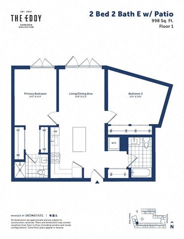 Floor plan for 2 beds, 2 baths, 998 sqft