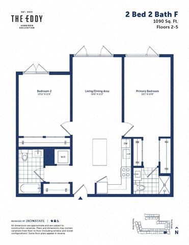 Floor plan for 2 beds, 2 baths, 1090 sqft
