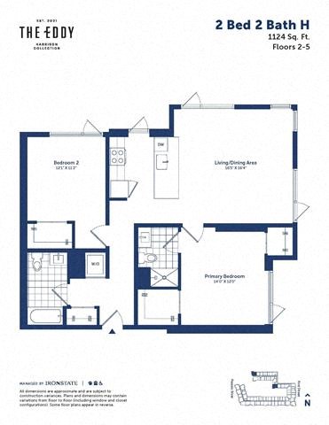Floor plan for 2 beds, 2 baths, 1124 sqft