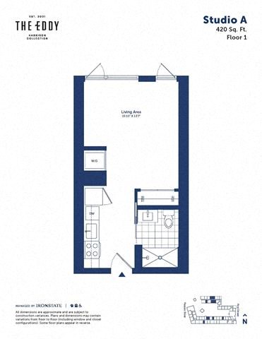 Floor plan for studio, 1 bath, 420 sqft