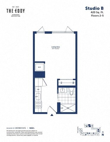 Floor plan for studio, 1 bath, 420 sqft