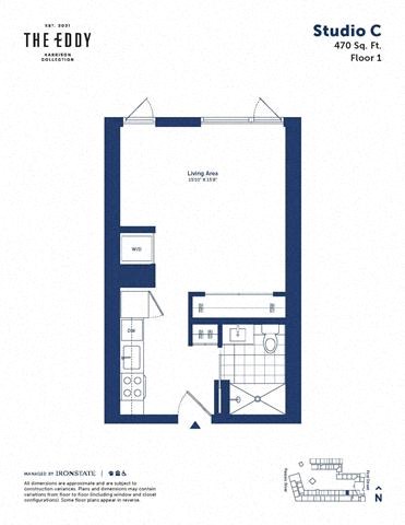 Floor plan for studio, 1 bath, 470 sqft