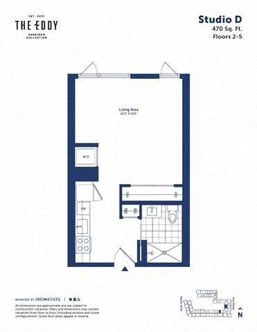 Floor plan for studio, 1 bath, 470 sqft