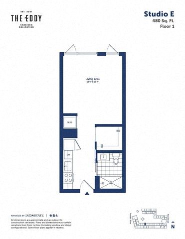 Floor plan for studio, 1 bath, 480 sqft