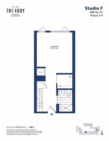 Floor plan for studio, 1 bath, 480 sqft