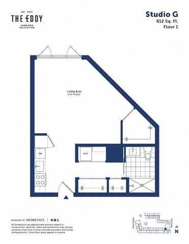 Floor plan for studio, 1 bath, 612 sqft