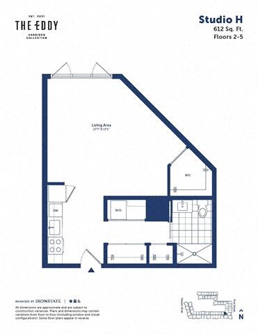 Floor plan for studio, 1 bath, 612 sqft