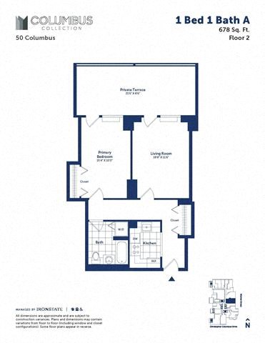 Floor plan for 1 bed, 1 bath, 678 sqft