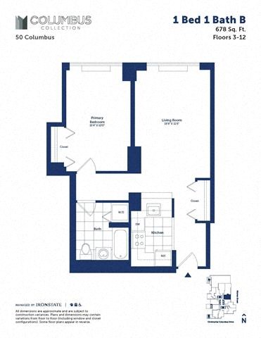 Floor plan for 1 bed, 1 bath, 678 sqft
