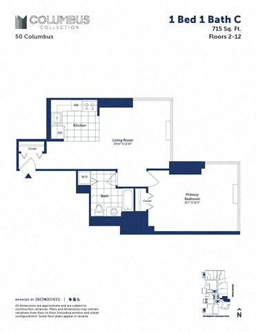 Floor plan for 1 bed, 1 bath, 715 sqft