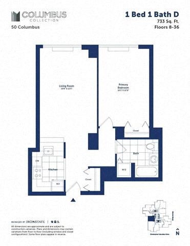 Floor plan for 1 bed, 1 bath, 733 sqft