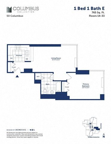 Floor plan for 1 bed, 1 bath, 765 sqft