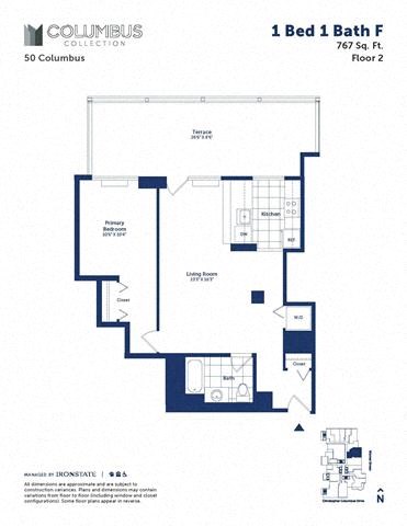 Floor plan for 1 bed, 1 bath, 767 sqft