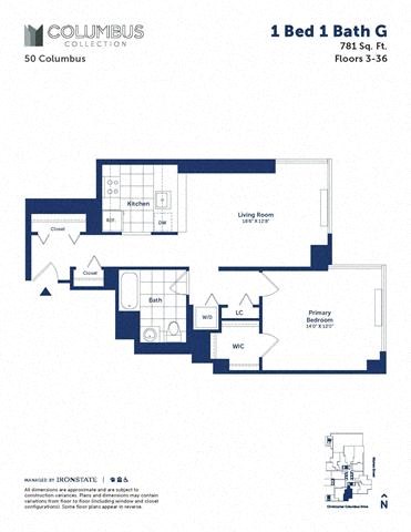 Floor plan for 1 bed, 1 bath, 781 sqft
