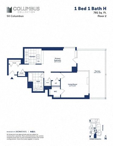 Floor plan for 1 bed, 1 bath, 781 sqft